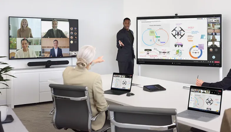 Eine Präsentation aus verschiedenen Perspektiven, die die Surface Hub Smart Camera unterstützt