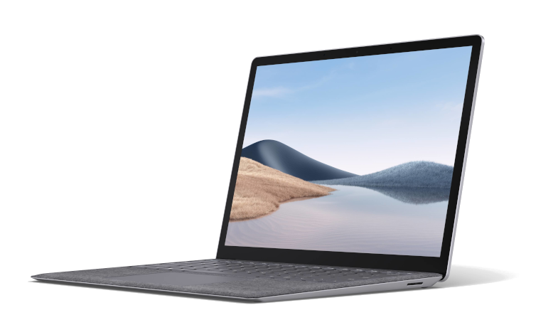 The Surface Laptop 4 in Platinum with Alcantara flipped open from a lateral perspective