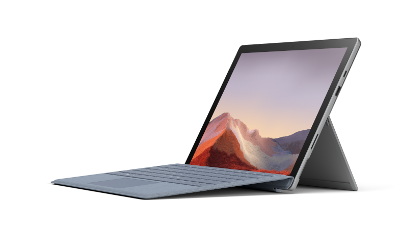 Surface Pro 7 Plus im Laptop-Modus mit dem Surface Pro Signature Type Cover in Eisblau 