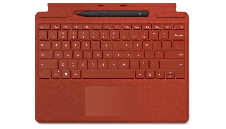 A total view of Surface Pro Signature Keyboard with Slim Pen 2 in poppy red
