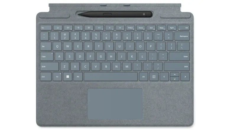 A total view of Surface Pro Signature Keyboard with Slim Pen 2 in ice blue