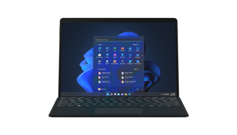 Das Surface Pro 8 von vorne in Graphit im Laptop-Modus mit Surface Pro Signature Keyboard