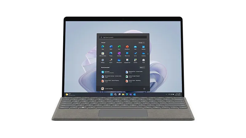 A Surface Pro 9 in platinum from the front