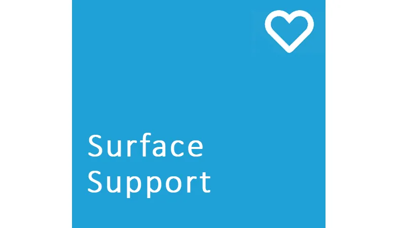 Auf einem blauen Untergrund steht in weißen Schriftzug Surface Support und ein weißes Herz ist am rechten oberen Bildrand platziert
